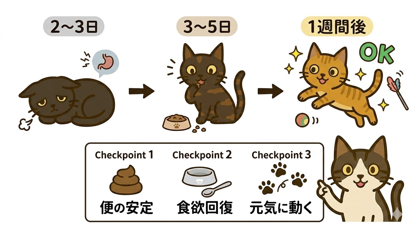 元フードに戻してから回復するまでの流れを示すイラスト