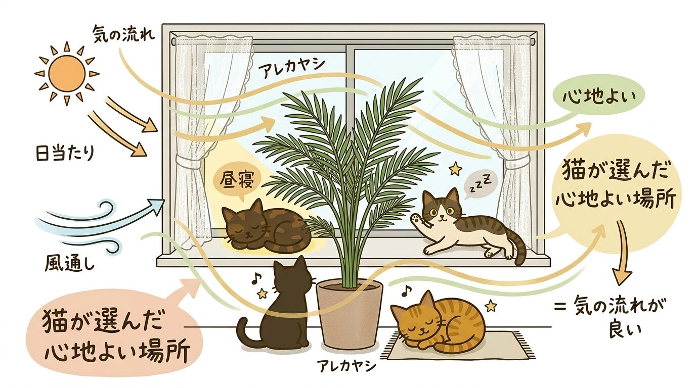 猫が選ぶ心地よい場所と風水の気の流れの関係を示すイラスト
