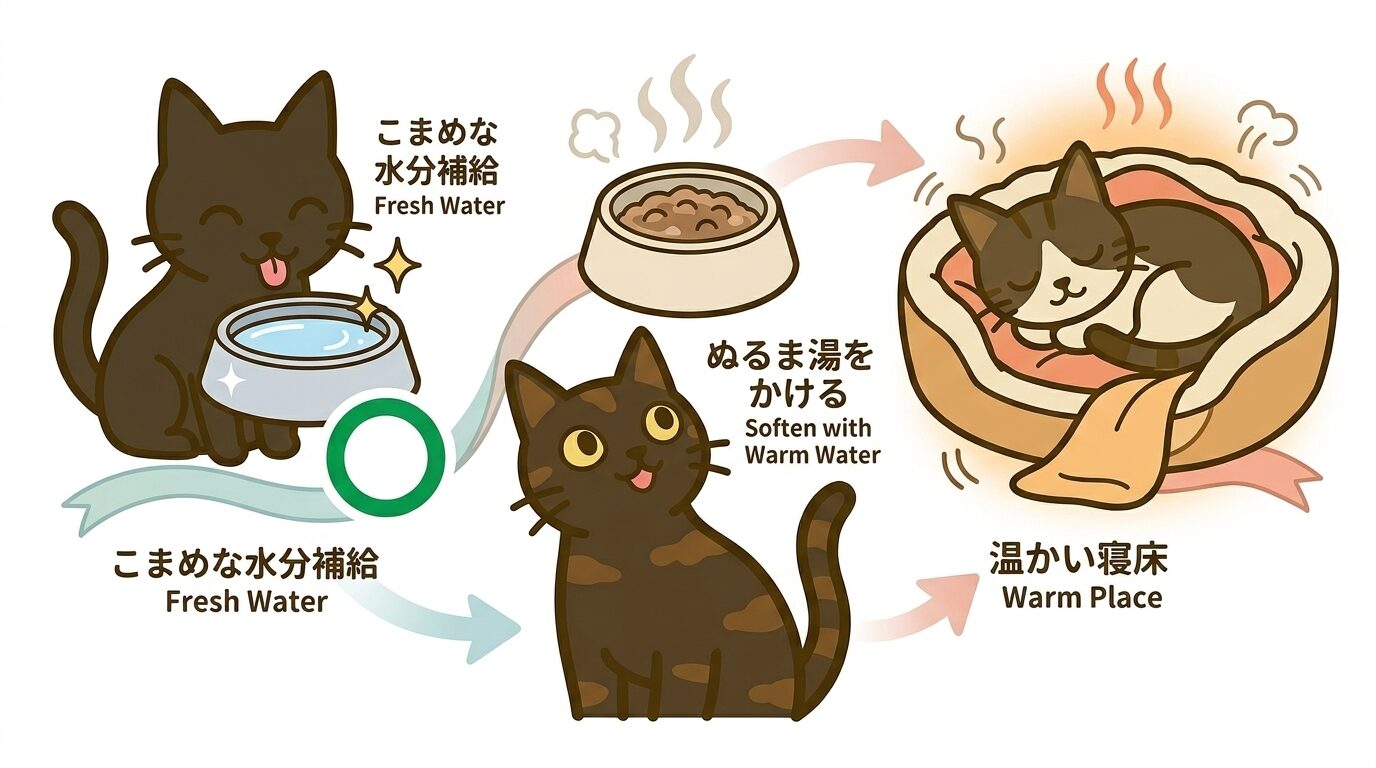 水分補給とフードの温め方と保温ケアを示すイラスト