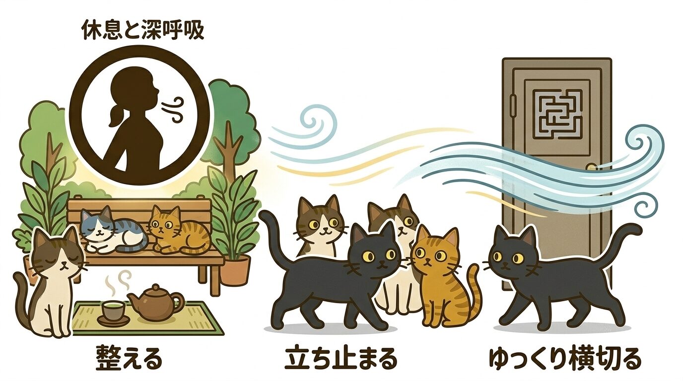 黒猫が右から左に横切ることが立ち止まって整えるサインであることの図解