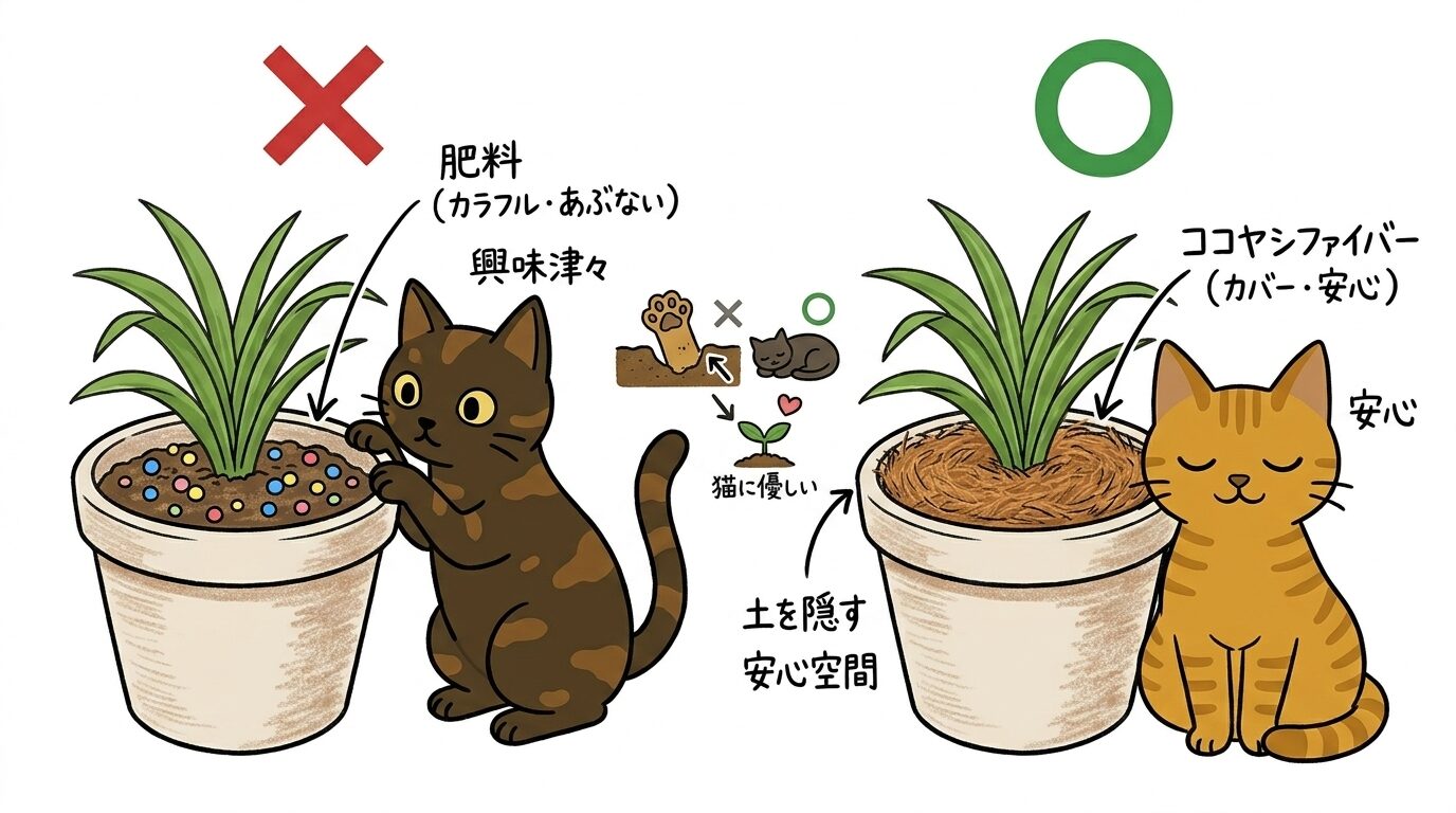 肥料の粒を土カバーで隠す対策の比較イラスト