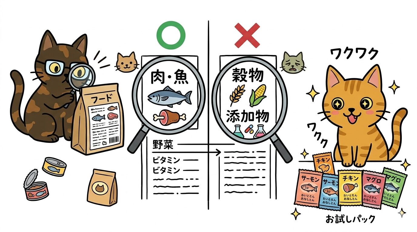 原材料欄の見方と小分けフードの活用を示すイラスト