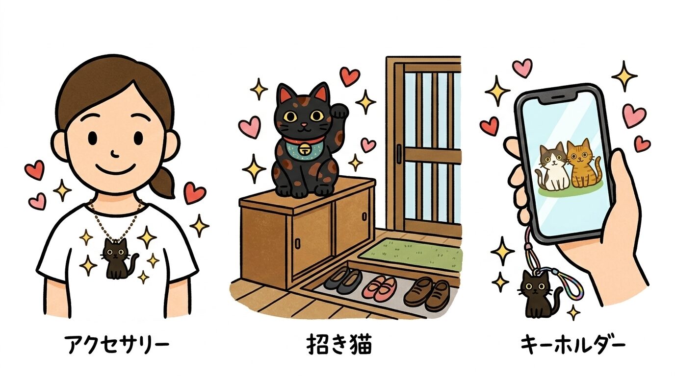黒猫モチーフのアクセサリーや招き猫を身近に置く開運法の図解