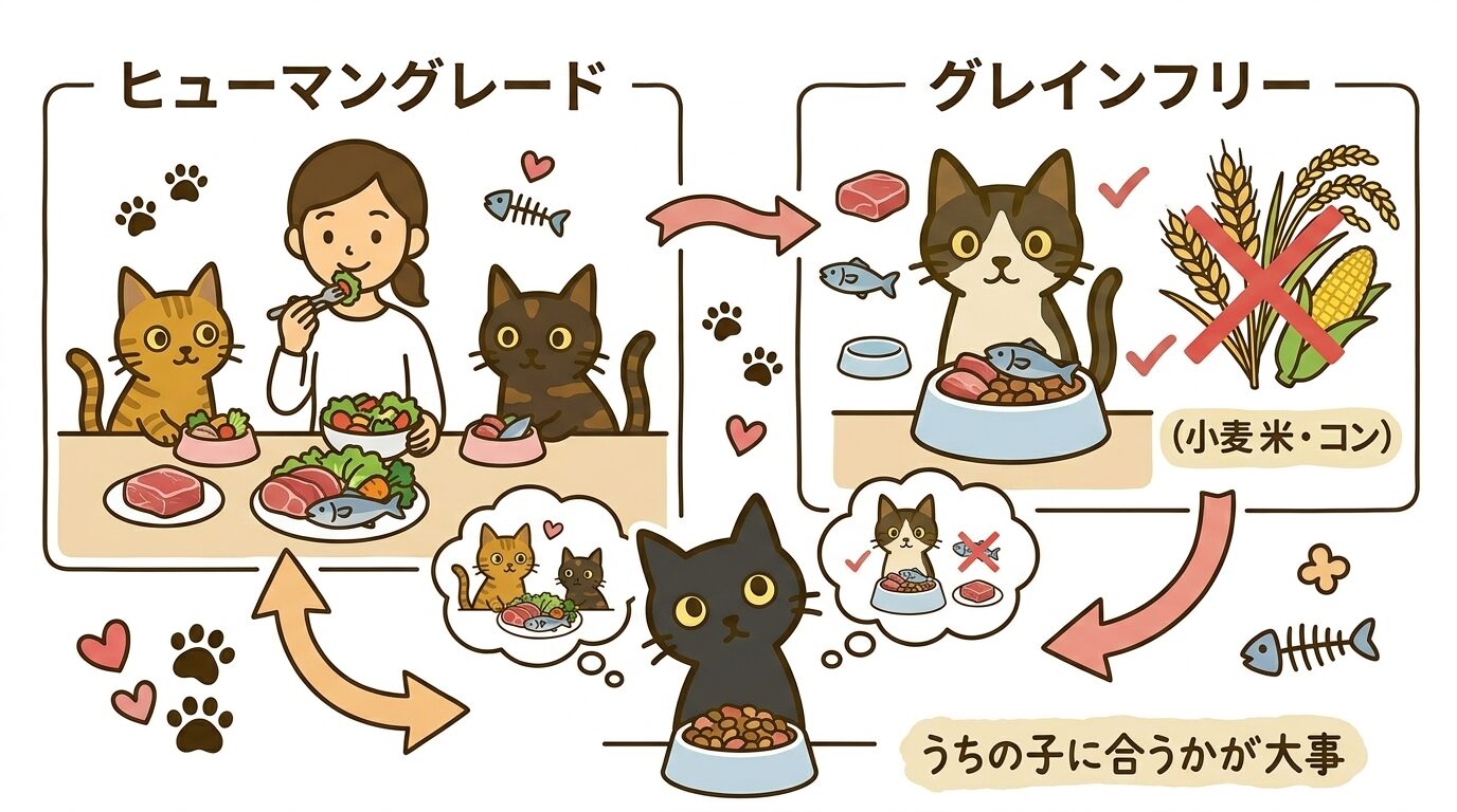 ヒューマングレードとグレインフリーの意味を示すイラスト