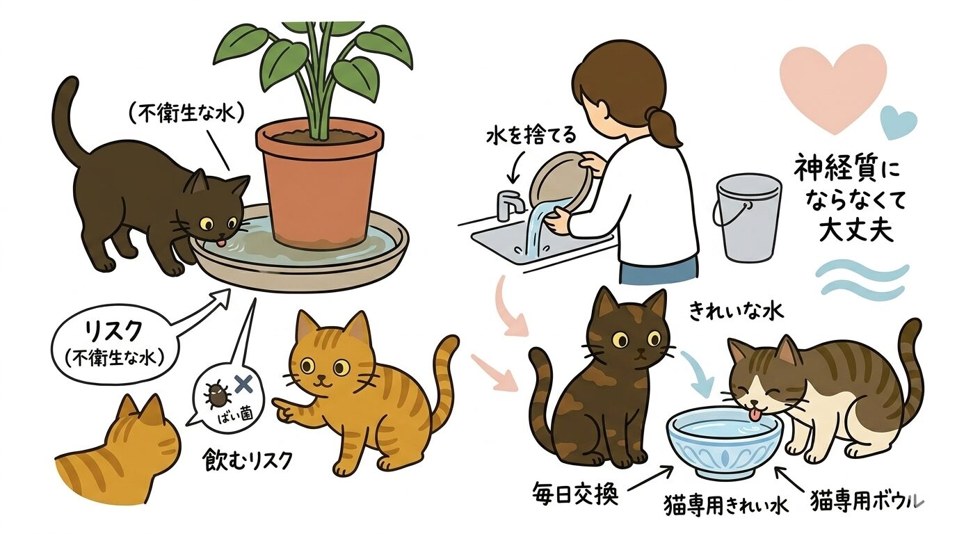 受け皿の水の管理と猫用の飲み水の用意を示すイラスト