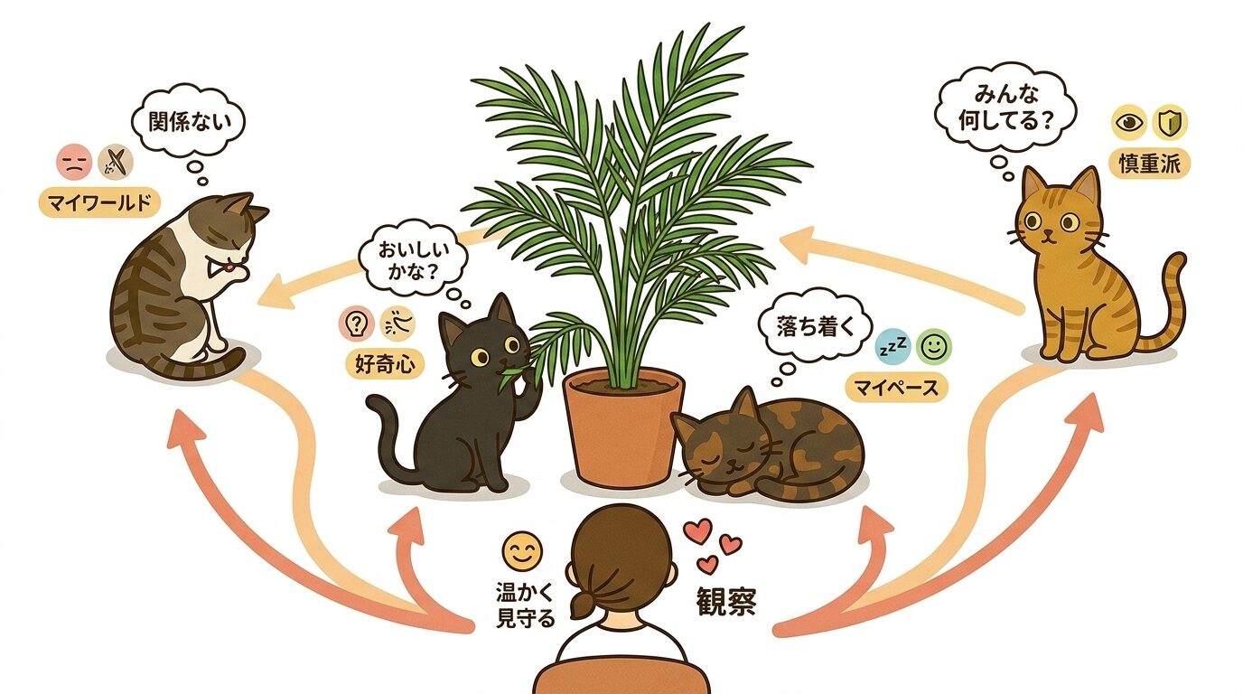 アレカヤシに対する猫たちの個体差を観察する様子のイラスト