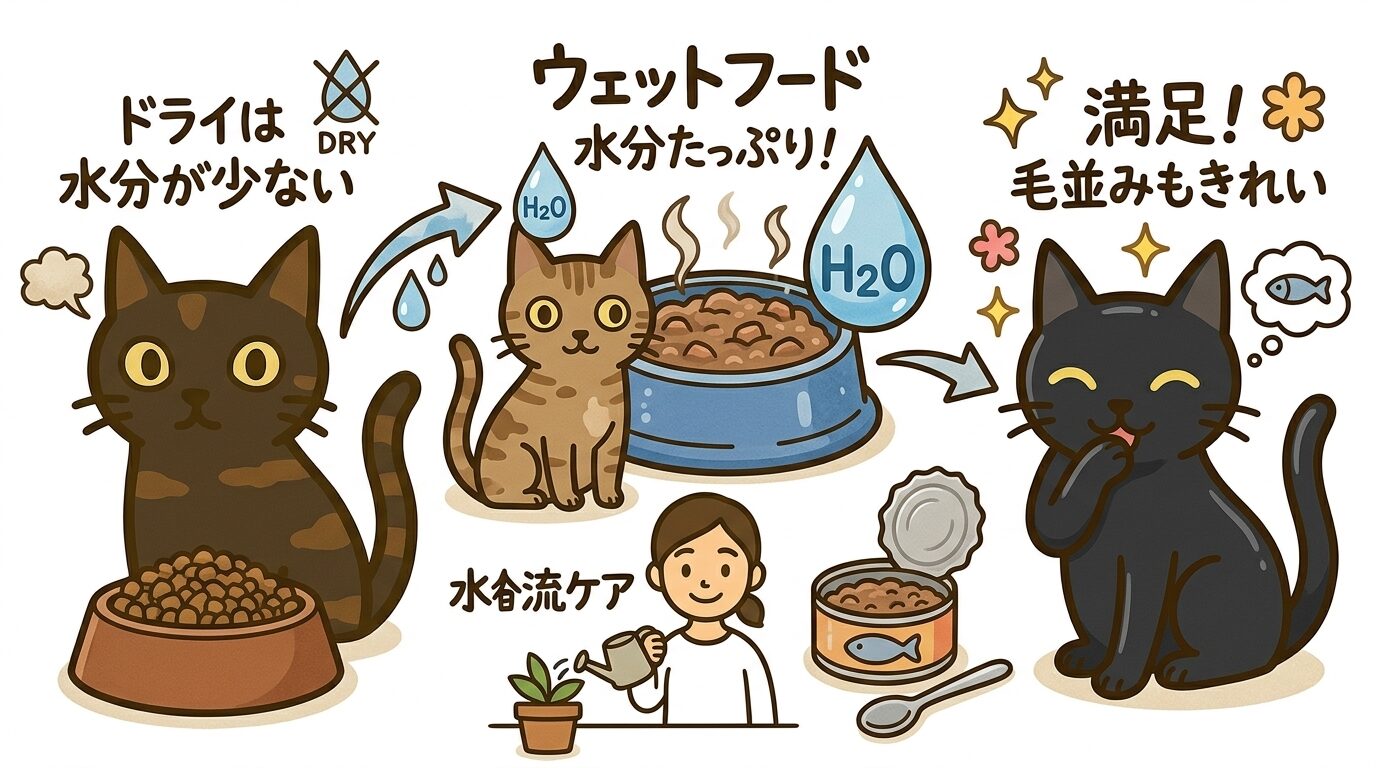 ドライからウェットフードへの切り替えと満足する猫を示すイラスト