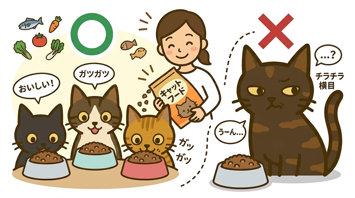 3匹が食べる中で1匹だけ食べない猫のイラスト