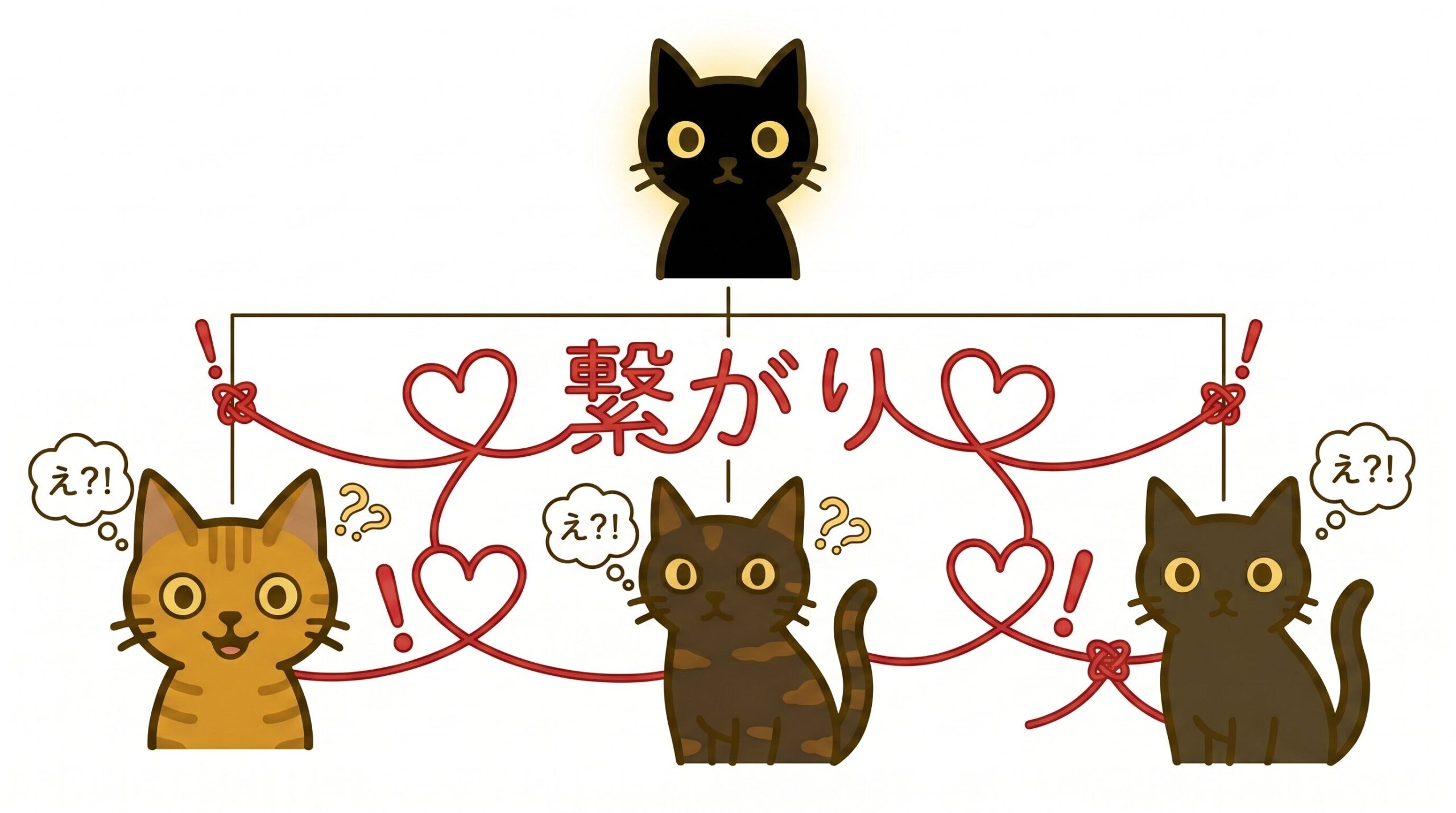 別々にやってきた3匹が同じ黒猫の父を持つ兄弟姉妹だったことの図解