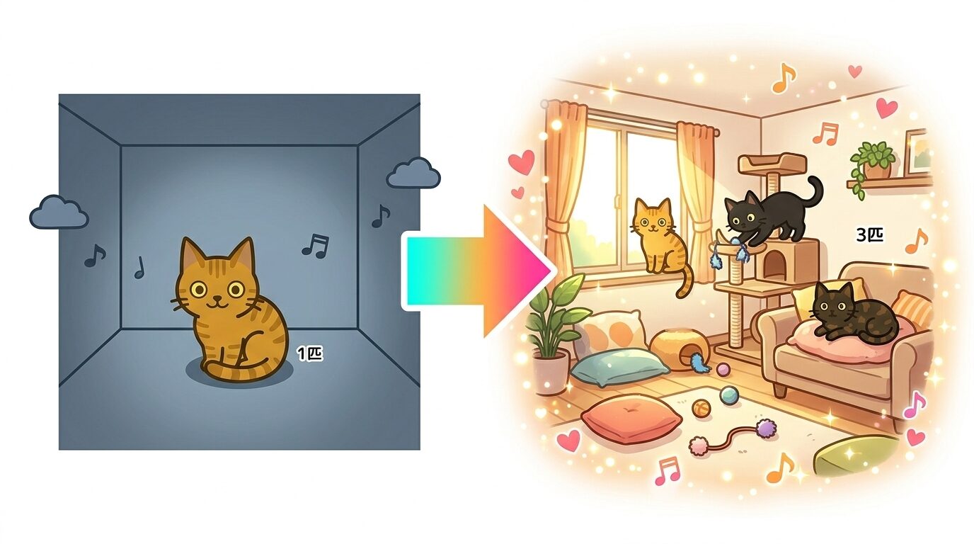 猫が1匹から3匹になって家の空気感が温かく変わったことの図解