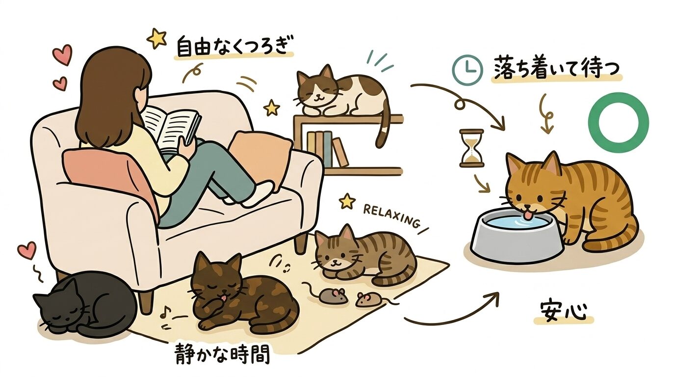 いつも通りの距離感で猫たちを見守る飼い主のイラスト