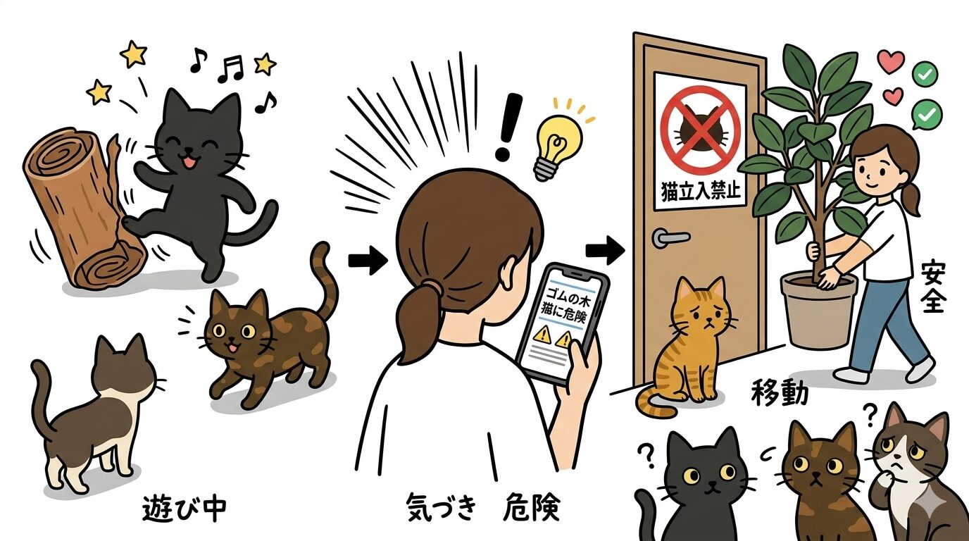 ゴムの木の危険に気づいて猫から離した経験のイラスト
