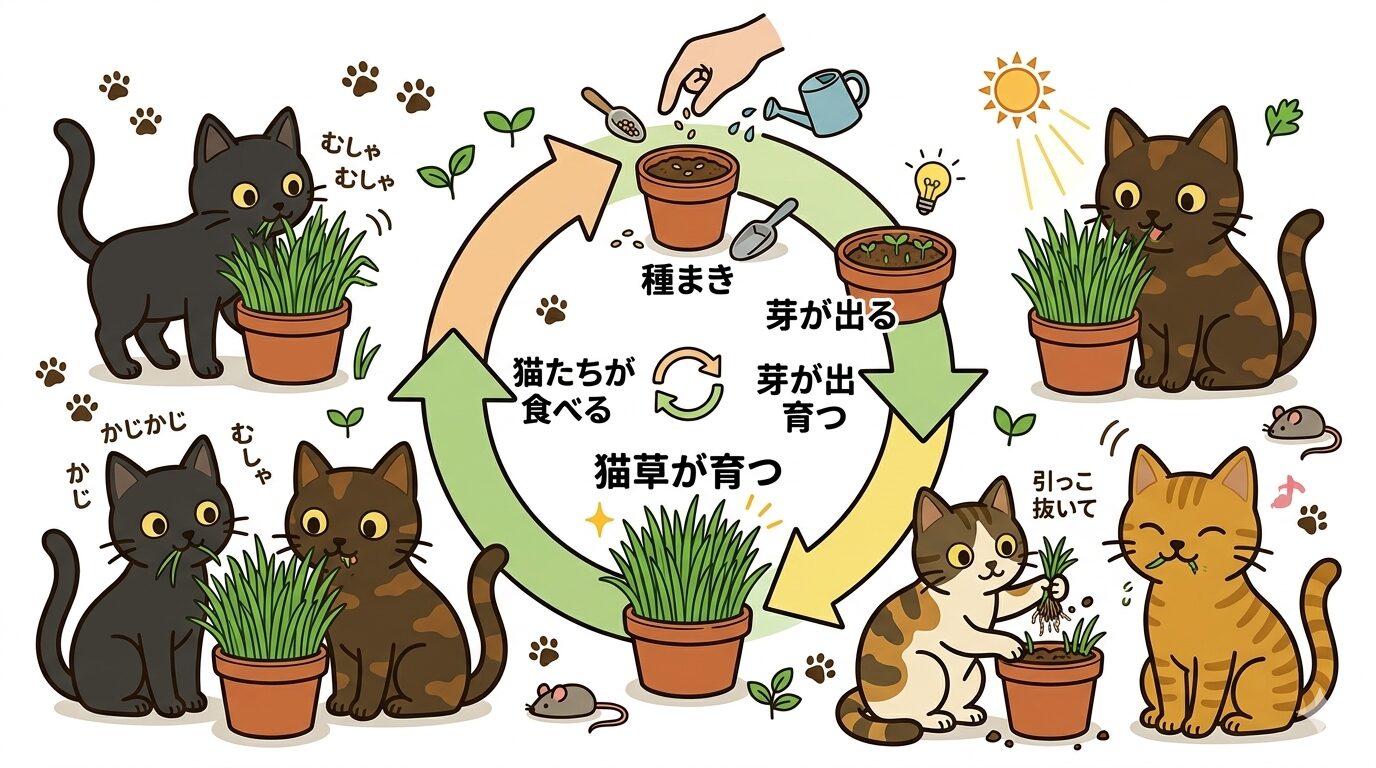 猫草の栽培サイクルと猫たちの食べる様子のイラスト
