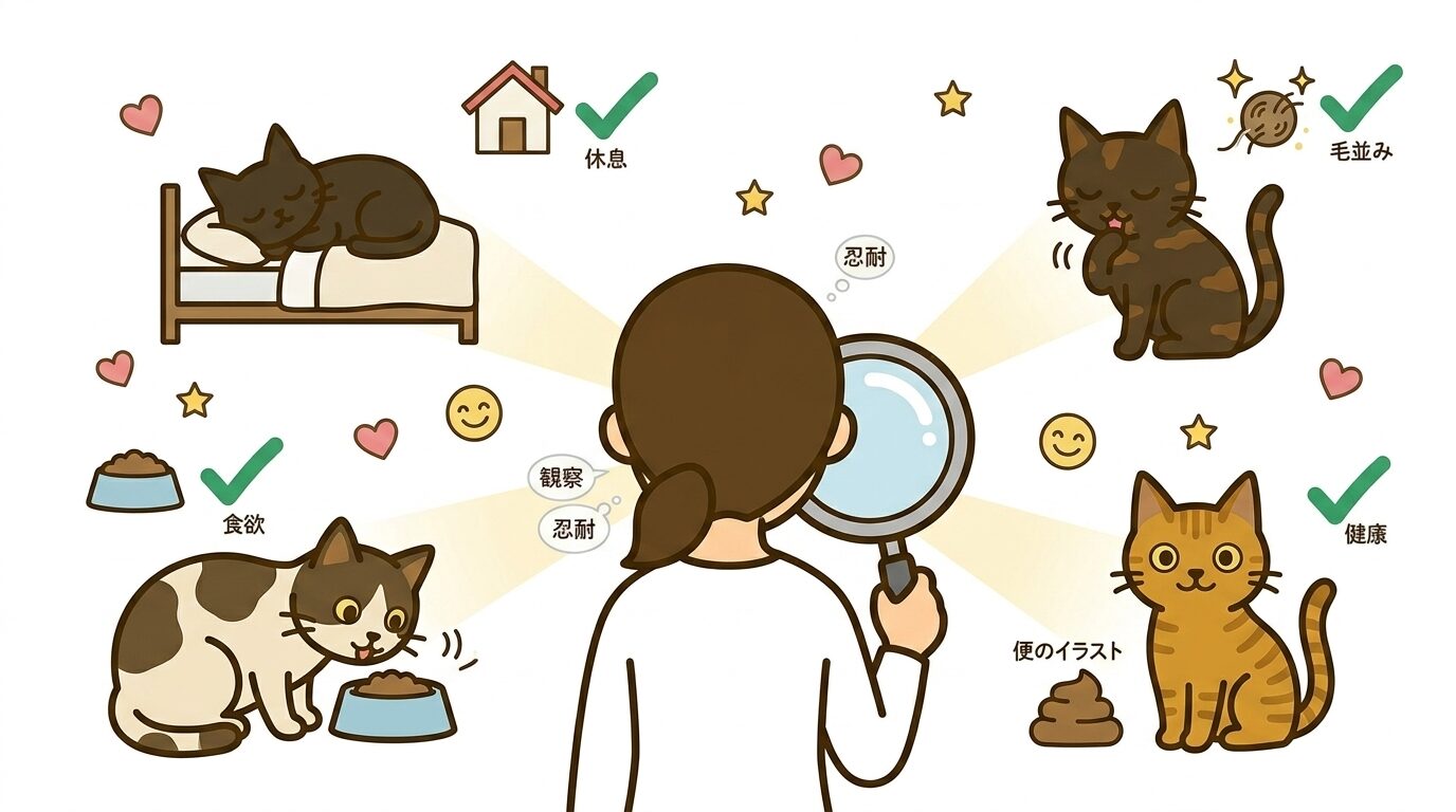 猫の体調サインの観察ポイントを示すイラスト