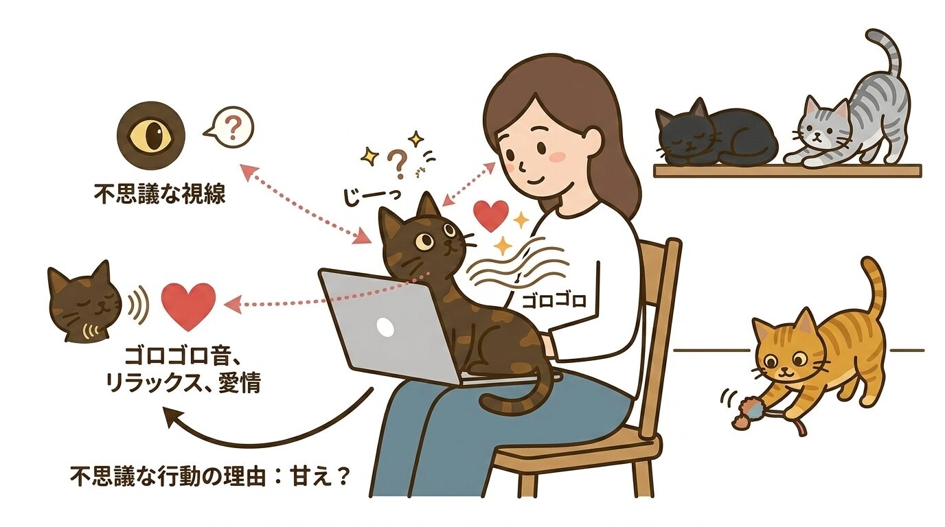 サビ柄の猫が飼い主の膝で見つめる不思議な行動エピソードの図解